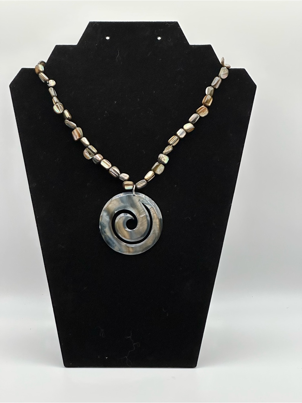 Mother of Pearl Shell Statement Necklace Large Spiral Pendant Iridescent Beaded